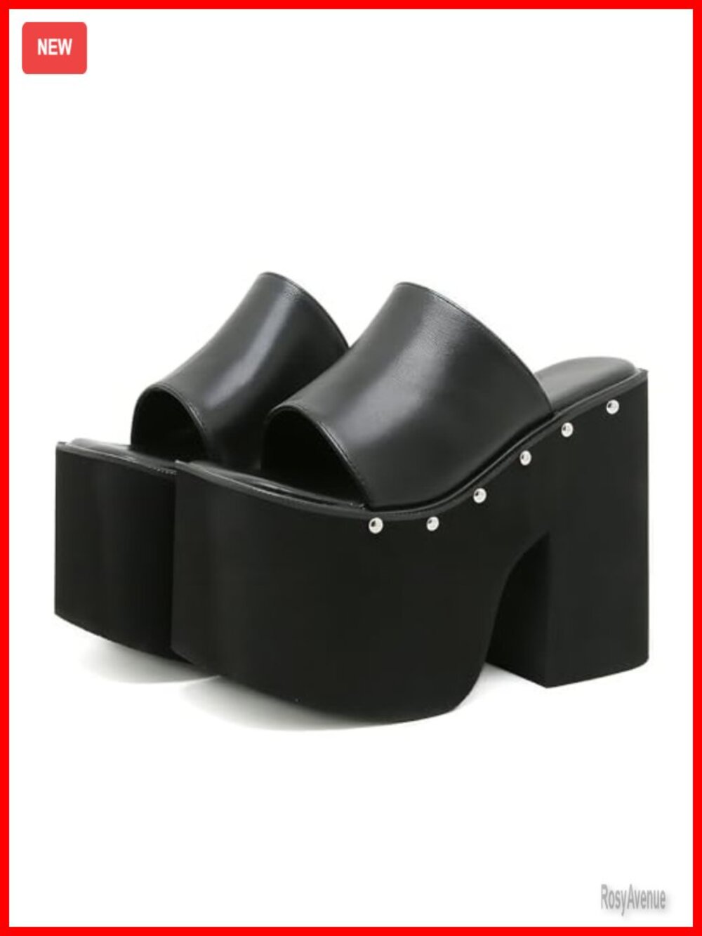 PU Chunky Platform Goth Slides Sandals Studded Square Open Toe Slip-on High